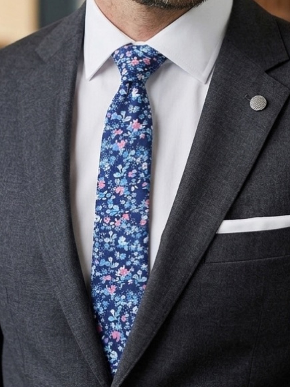 Modern Blue Floral Men's Tie - 100% Cotton